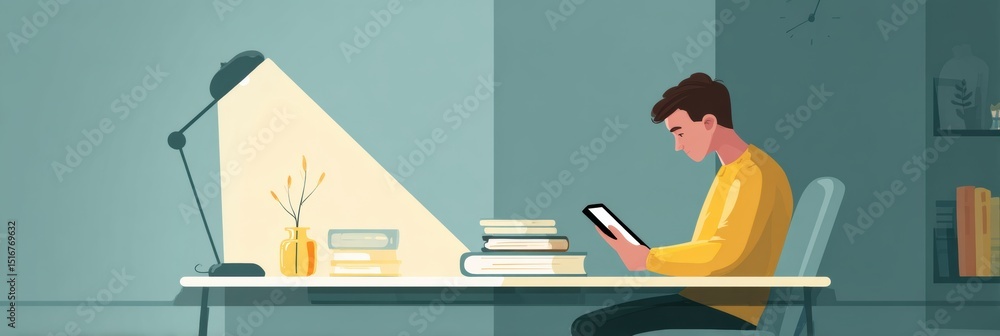 Aufkleber student engages in online learning while using a tablet at a well-lit study desk filled with books d