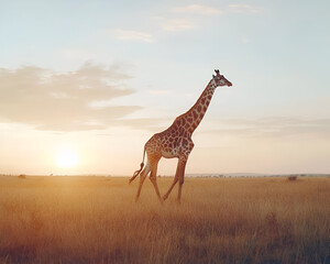 Obraz premium A giraffe walking through the savannah at dusk, its long legs moving slowly against the backdrop of a vibrant sunset. The changing light creates a warm, peaceful 