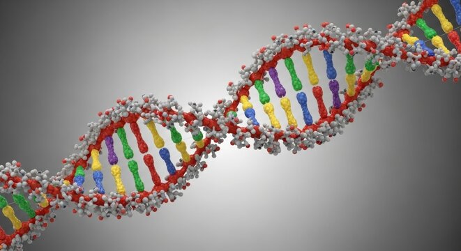 Colorful 3d dna helix model with molecule structure on gray background
