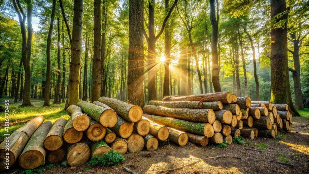 Poster sunlit forest with stacked logs a serene image of nature's renewal and the cycle of growth and harve