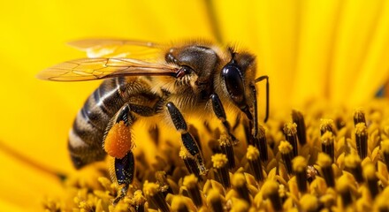 Fototapeta premium Close-up of bee pollinating sunflower with vibrant yellow petals and pollen details