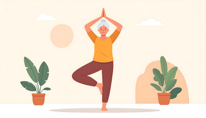 Vector illustration of an elderly woman doing yoga in tree pose with balance and calm 