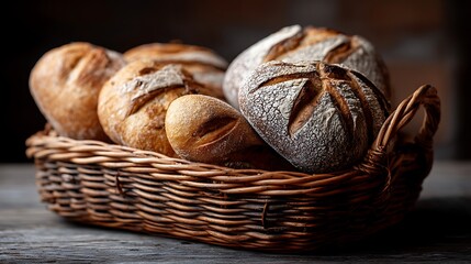 A basket filled with fresh sourdough loaves, the warm, rustic texture of the bread highlighted against a dark wooden table, perfect for bakery and food photography.