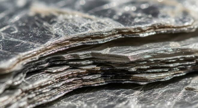 Close-up of layered silvery mica stone texture