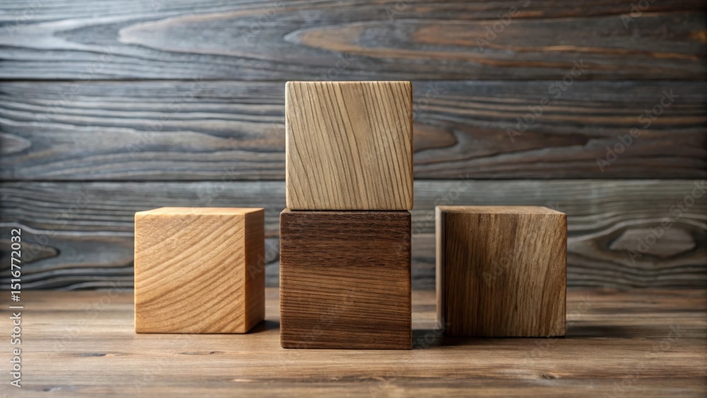 Poster three wooden blocks arranged on a rustic wooden surface against a backdrop of wood grain