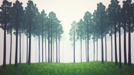 Serene pine grove at dawn with tall trees standing in symmetry, surrounded by glowing golden haze and soft mist, creating tranquil and moody atmosphere