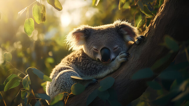 A koala sleeping peacefully on a eucalyptus tree in the afternoon heat. The soft sunlight filters through the leaves, highlighting the koalas slow and deliberate lifestyle in the Australian outback.