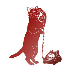 Cat Talking on a Vintage Rotary Telephone Illustration