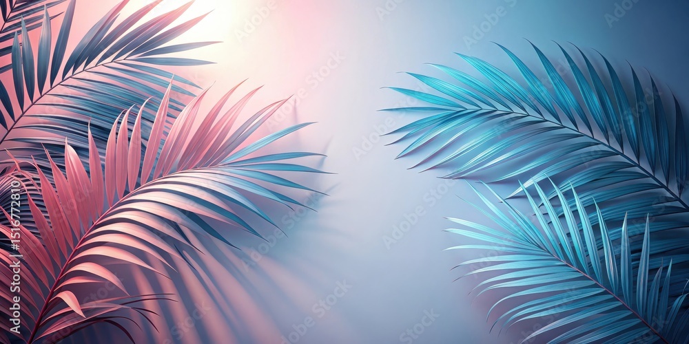 Poster pastel pink and teal palm fronds arranged on a soft background, creating a serene and stylish compos