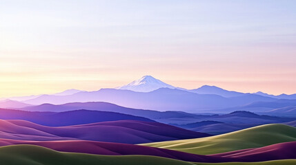 Serene landscape of rolling hills bathed in soft dusk light, with distant snow capped mountain under pastel sky. scene evokes tranquility and natural beauty