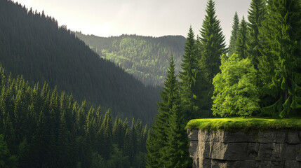 Serene mountain landscape featuring lush green pine forests, sunlit tree on rocky cliff, and misty layers of distant hills creating tranquil atmosphere