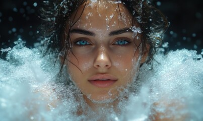 Woman submerged in water, close-up