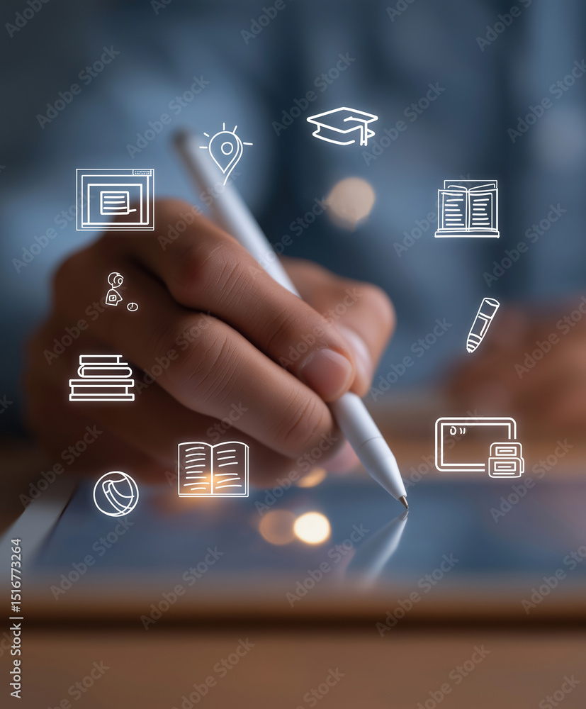 Aufkleber person using a digital tablet to take notes with various educational icons in background