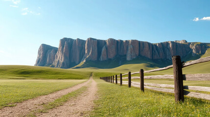 Dirt path leads through grassy field toward towering mountain cliffs under clear blue sky, with rustic wooden fence running alongside, evoking serene and open atmosphere