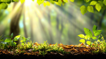 Sunlight streaming through lush green leaves onto forest floor covered with moss, small plants, and fallen leaves, creating serene and vibrant natural scene