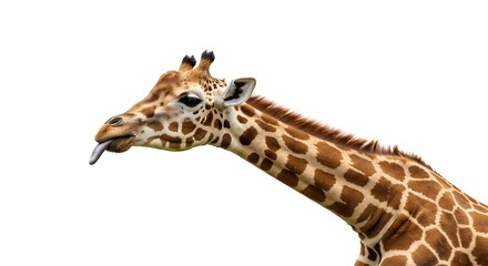 Funny Giraffe Sticking Tongue Out Isolated on White Background Portrait of Mammal Animal Showing Cheeky Behavior Wildlife Humor Theme Tall Exotic Creature