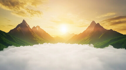 Breathtaking sunrise over fog filled valley with layered mountain peaks, creating serene and tranquil atmosphere. golden light illuminates lush green slopes and misty clouds below