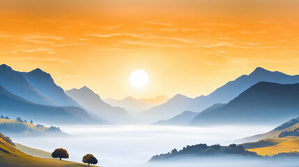Breathtaking sunrise illuminates fog filled valley surrounded by layered mountain ranges, with vibrant orange skies and scattered trees adding to serene atmosphere