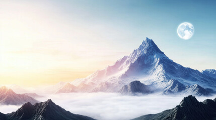 Breathtaking view of glowing mountain peak surrounded by layered ridges, bathed in soft sunlight and serene sky with visible full moon, creating tranquil atmosphere