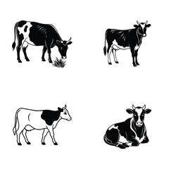 Village Cow Silhouette Set . Standing, Grazing, Sitting And Walking Poses