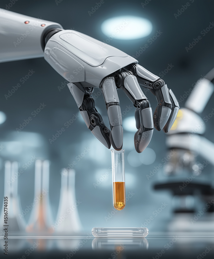 Poster robotic hand conducting experiment with test tube in modern laboratory setting