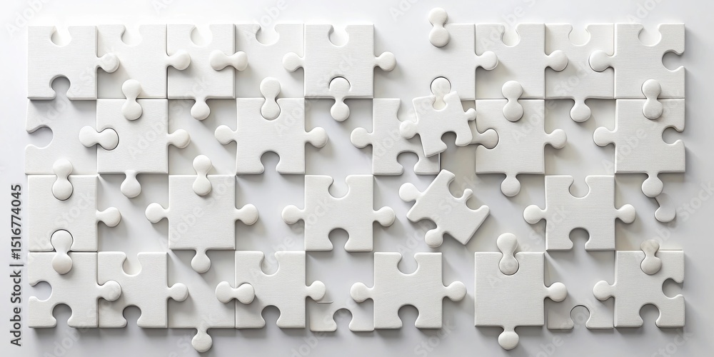 Aufkleber White Jigsaw Puzzle Pieces Scattered on a Plain Surface, Representing a Complex Problem Requiring Solutions and Collaboration to Achieve Completion
