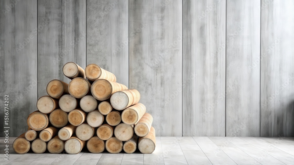 Poster A neatly stacked pile of circular wooden logs rests against a textured grey wall in a minimalist interior setting
