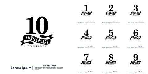 Set of 1st-10th years anniversary celebration emblem. congratulations anniversary logo isolated with ribbon on white background. vector illustration template design for web, flyers, poster, greeting 