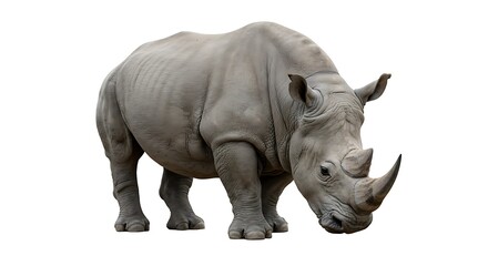 Obraz premium Isolated Rhinoceros in Natural Habitat Majestic Wildlife of Africa Strong Mammal with Horn Powerful Animal Isolated on White Background for Stock Photography Purposes