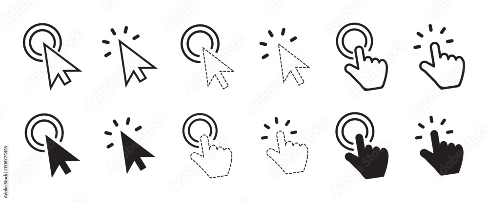 Aufkleber Computer mouse click cursor arrow icons set with hand pointers, clicking effects, and loading symbols. Ideal for web design, user interface, and digital applications.  Stock Vector 
