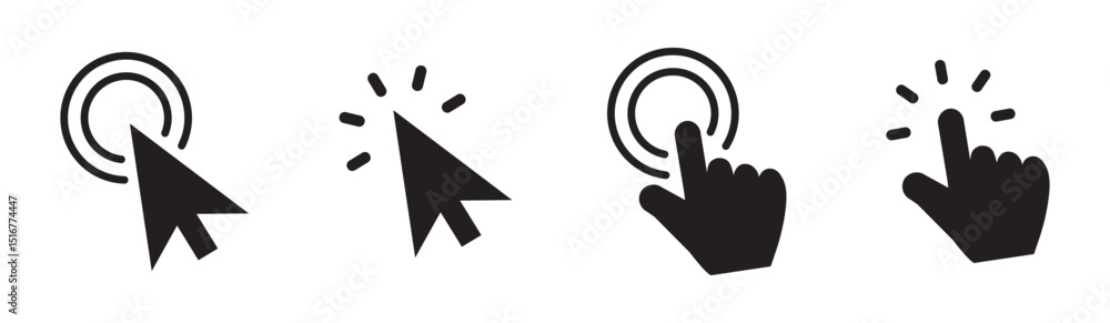 Poster Computer mouse click cursor gray arrow icons set and loading icons. Mouse click cursor collection.