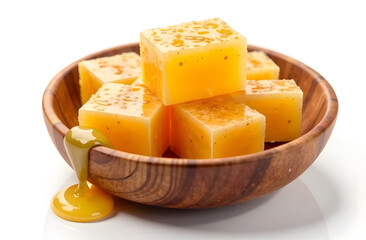 Cubes of honey soap in wooden bowl with honey drizzle on white background. 