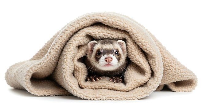Isolated Ferret Peeking From Cozy Bed An Adorable Pet Snuggled In Warm Blanket Isolated on White Background Cute Animal Comfort And Domestic Bliss Concept
