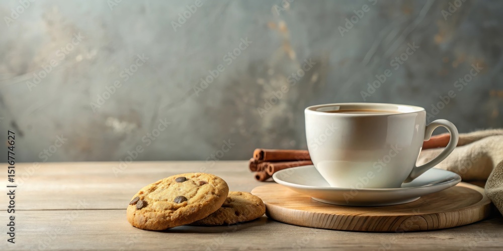 Poster a comforting scene of a warm beverage in a white mug, accompanied by delectable chocolate chip cooki