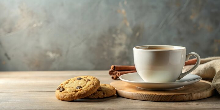 A comforting scene of a warm beverage in a white mug, accompanied by delectable chocolate chip cookies on a rustic wooden surface, creating a cozy and inviting atmosphere.