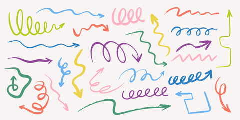 Doodle long arrows and lines set. Hand drawn straight, tangled, wavy arrows. Vector illustration	