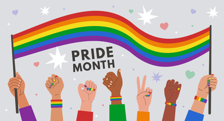 Hands holding LGBT rainbow flags, posters, symbols. Pride month celebration. Gay pride. Flat style. People holding lgbt posters, symbols, signs and flags with rainbows, gay parade. Vector illustration