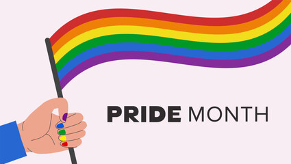 LGBTQ support social media banner or post template, greeting card or party invitation. Hand hold rainbow lgbt flag and celebrate pride month, week or day vector flat illustration. 