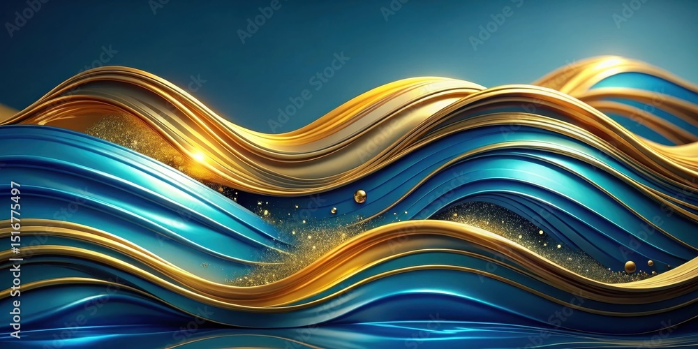 Poster Abstract Blue and Gold Swirling Waves with Glittering Particles A Luxurious Design for Elegant Presentations and Festive Occasions