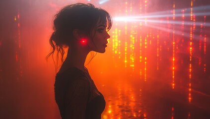 Woman in profile, vibrant lights, smoky ambiance