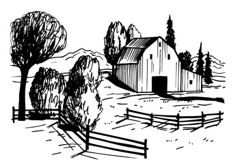 Hand-drawn farmhouse. Vector sketch illustration. 