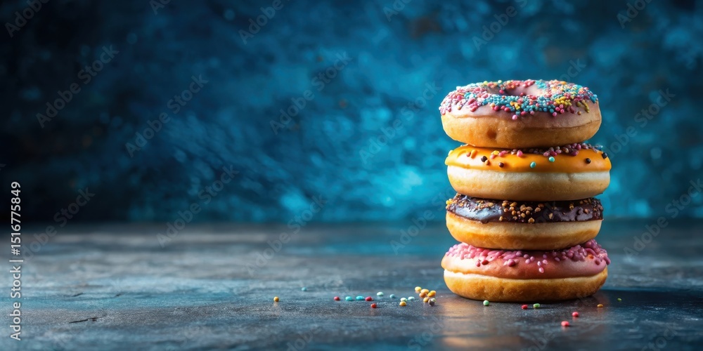 Poster a stack of deliciously glazed donuts with colorful sprinkles on a dark surface