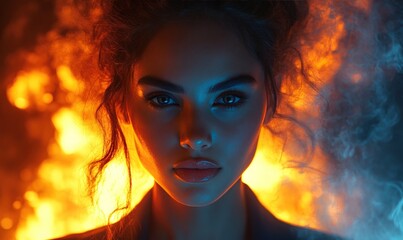 Woman in dramatic fire and smoke