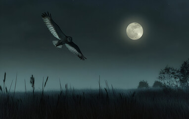 Obraz premium A solitary owl gliding silently over a field at night, its large wings spread wide as it moves through the cool, moonlit air. The vast, dark sky and the 