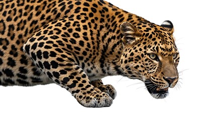 Fototapeta premium Stealthy Leopard Isolated On Transparent Background A Powerful Wildlife Predator Ready To Pounce Depicting Strength Agility And Natural Beauty In Detailed Portrait