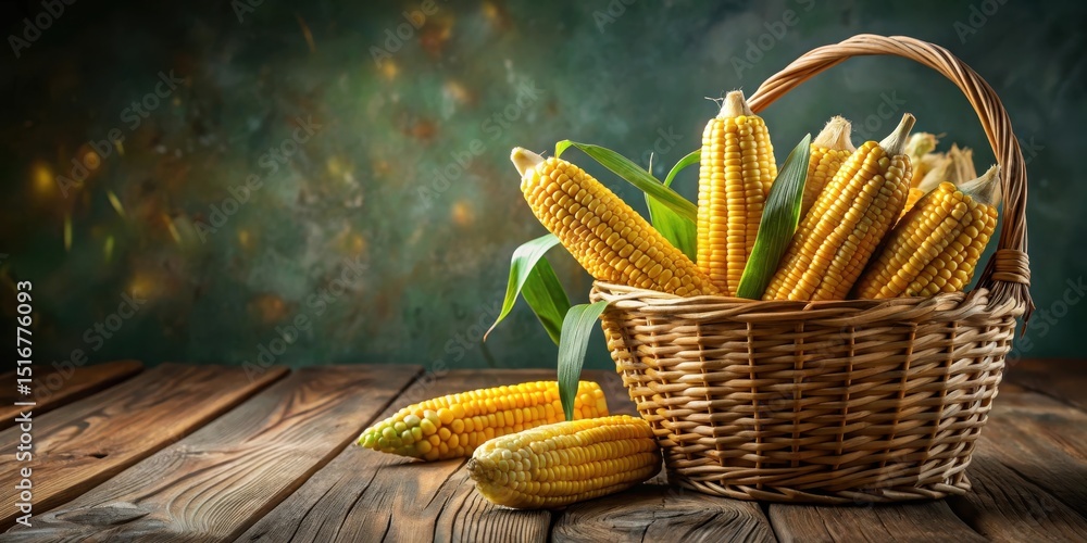 Poster rustic still life featuring a wicker basket overflowing with freshly harvested golden corn on a weat
