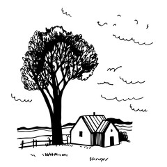Hand-drawn house in the field. Vector sketch illustration
