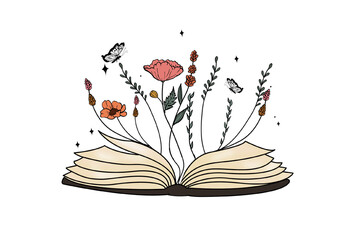 Open book with flowers and leaves isolated on transparent background