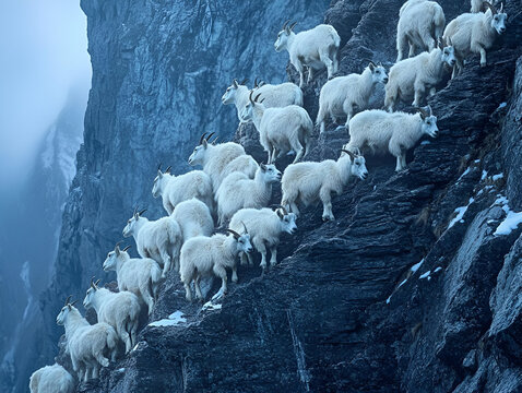 A wall of mountain goats climbing a steep cliff at dawn, their hooves sure and steady on the rocky terrain. The rugged, harsh environment contrasts with the goats' agility and adaptability. - Powered by Adobe