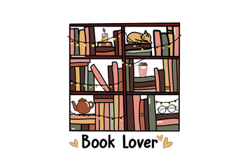 Cozy bookshelf with books, cat, candle, cup, teapot, and glasses isolated on transparent background